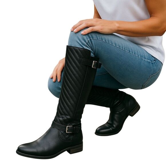 Vince Camuto Black Leather Quilted Knee-High Boots Womens Size 6.5 Buckle Detail - Picture 1 of 9